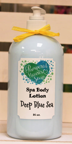 Clear 16 ounce bottle with white pump at the top and yellow ribbon. Contains Deep Blue Sea scented body lotion. Label is white with Pampered Hearts Soap label and product description.