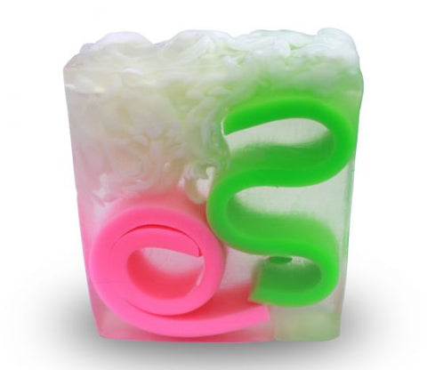 Square smooth glycerin soap bar, white and clear background with green and pink  swirls. Gardenia flower scent. 