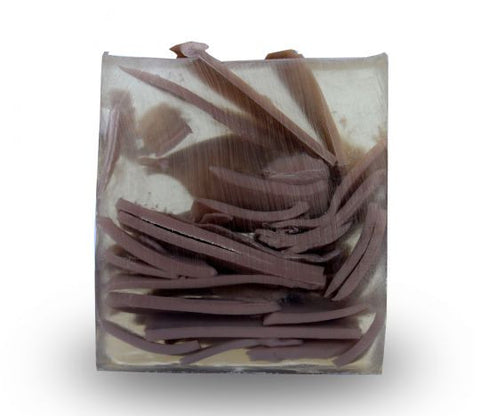 Square smooth glycerin soap bar, clear background with grey swirls. Sandalwood scent. 