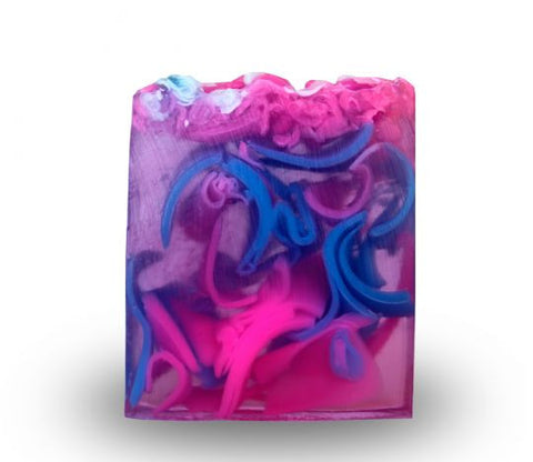 Smooth glycerin soap bar with swirls of blue, pink, and purple. 