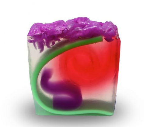 smooth glycerin soap with swirls of purple, green and red set in a clear background. 