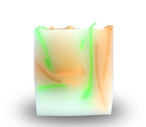 Square smooth glycerin soap bar, milky white background with soft pastel green and orange swirls. Bright citrus scent. 