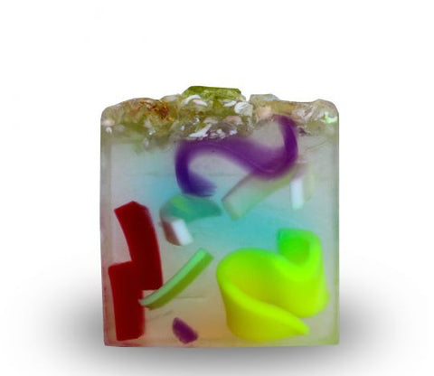 Square smooth glycerin soap bar, clear background with purple, red and yellow swirls. Peppermint scent. 