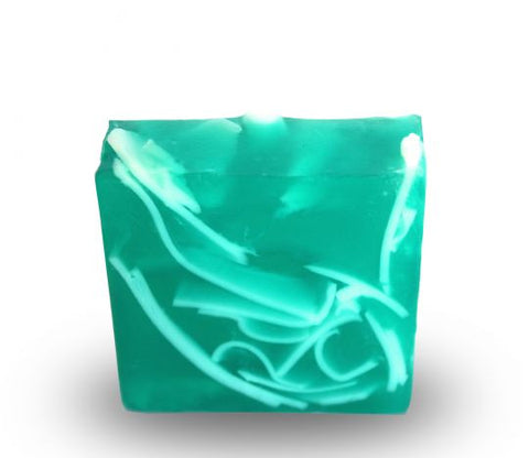 Square smooth glycerin soap bar, turquoise background with white swirls. Fresh ocean scent. 