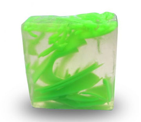 Square smooth glycerin soap bar, clear background with bright green swirls. Eucalyptus scent. 