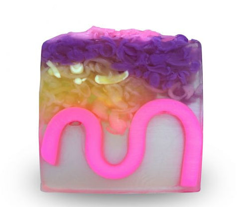 Square smooth glycerin soap bar, milky background with purple, cream and pink swirls. Honeysuckle scent. 