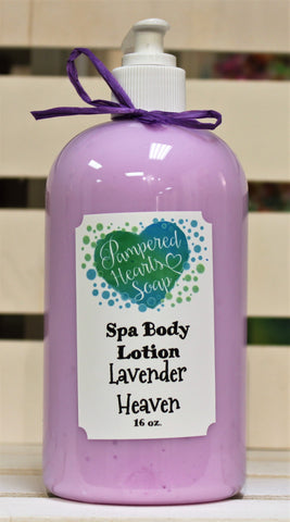 Clear 16 ounce bottle with white pump at the top and purple ribbon. Contains Lavender Heaven scented body lotion. Label is white with Pampered Hearts Soap label and product description.