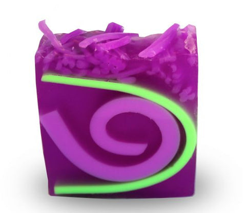 Square smooth glycerin soap bar, dark purple background with light purple and green swirls. Lavender Heaven scent. 
