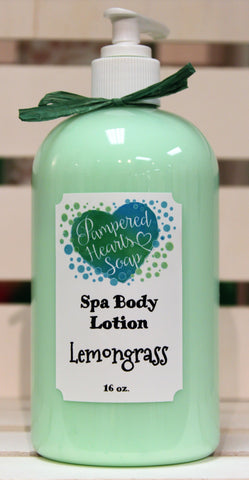 Clear 16 ounce bottle with white pump at the top and green ribbon. Contains Lemongrass scented body lotion. Label is white with Pampered Hearts Soap label and product description.