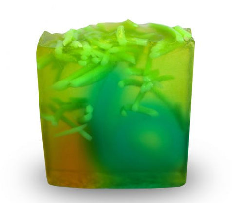 Square smooth glycerin soap bar, multicolored orange, green and yellow. Lemongrass scent. 