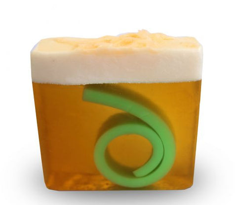 Square smooth glycerin soap bar, orange background with green and white swirls. Mango and papaya scent. 