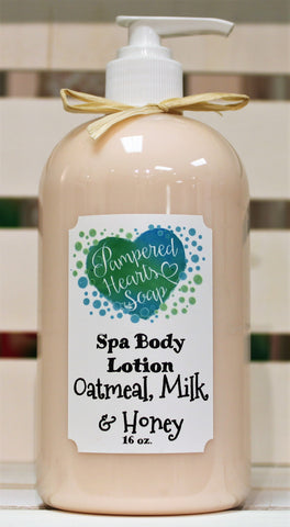 Clear 16 ounce bottle with white pump at the top and cream ribbon. Contains Oatmeal, Milk, & Honey scented body lotion. Label is white with Pampered Hearts Soap label and product description.