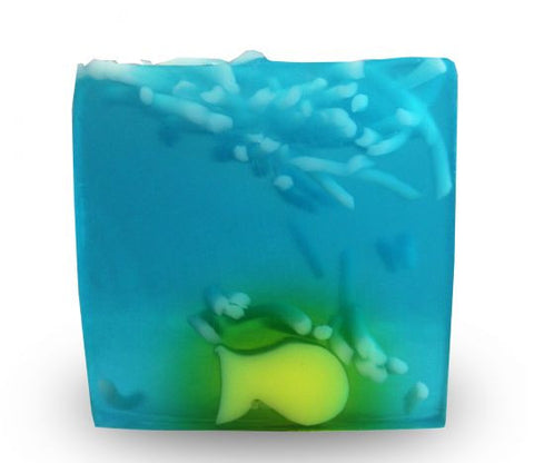 smooth square fresh scent soap bar, white pieces on a blue background with yellow fish design at bottom