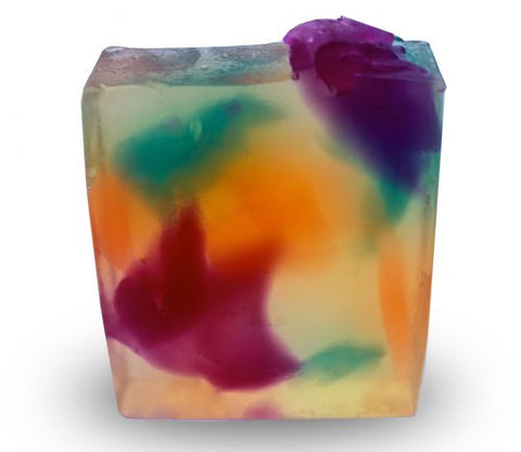 Square smooth glycerin soap bar, clear background with multicolored swirls. Patchouli scent. 