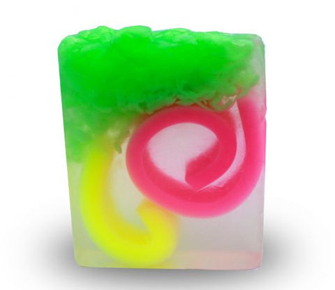 Square smooth glycerin soap bar, clear background with bright green, pink, and yellow swirls. Grapefruit scent. 