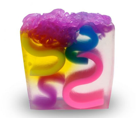 smooth square glycerin plumeria soap bar, colorful yellow blue purple and pink designs on a clear background