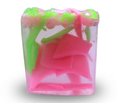 Square smooth glycerin soap bar, clear background with pink and green swirls. Rose Garden scent. 